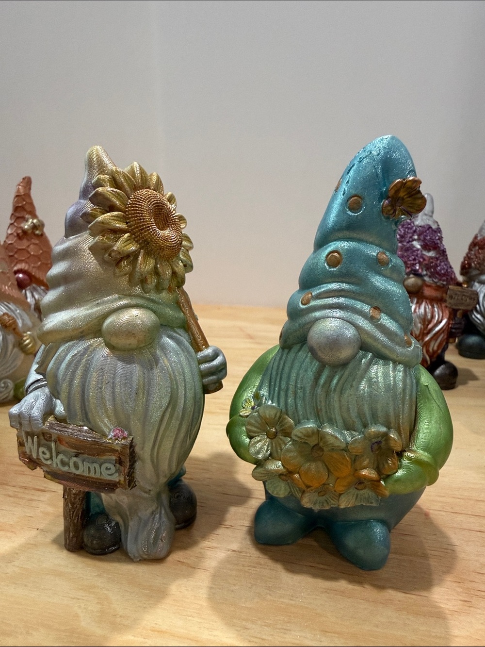 Gnome Garden Statues Set in Shimmering Aqua and Pearl Green